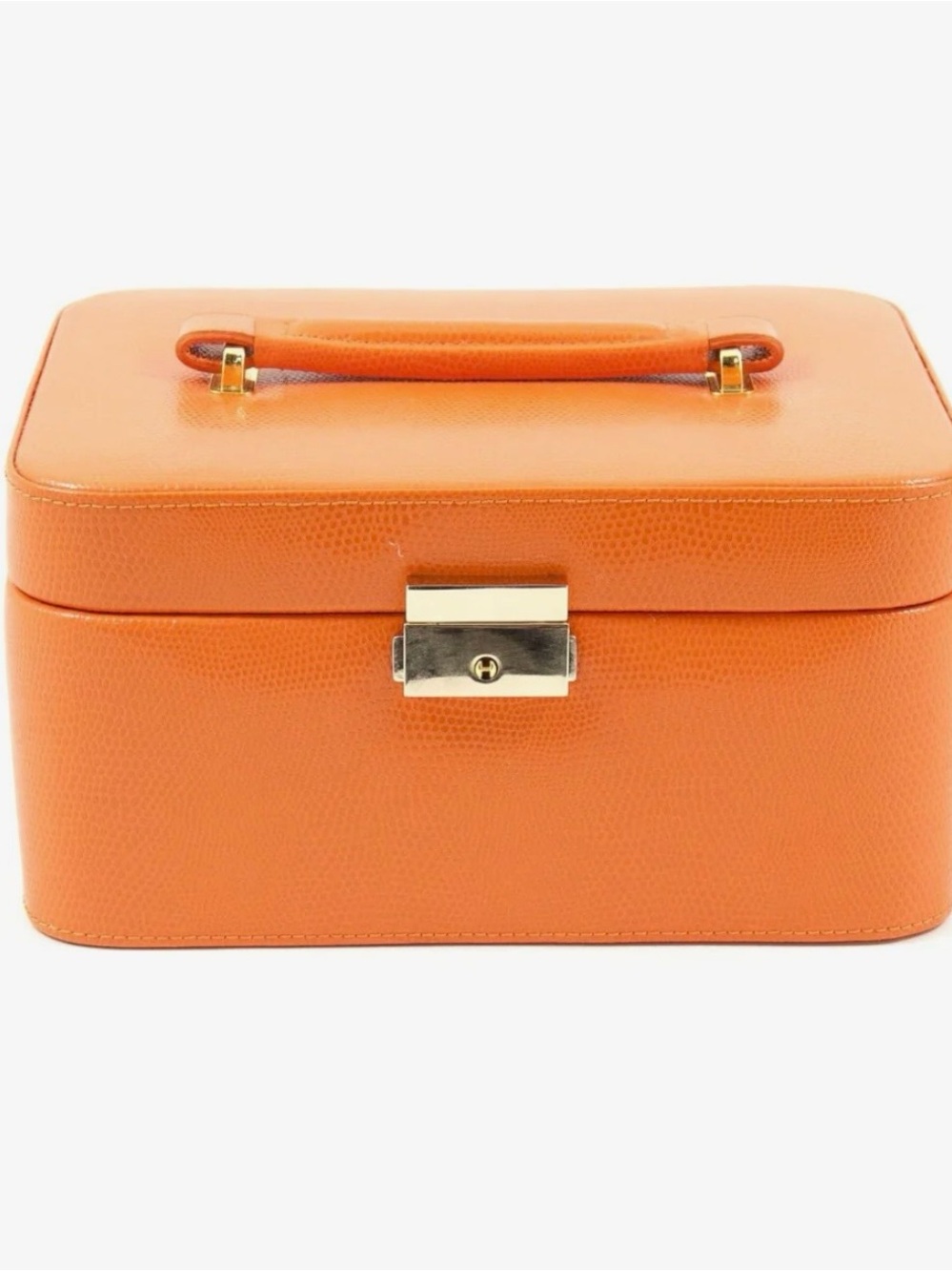 Elegant Orange “Lizard”Debossed Jewelry Box with Gold Lock and Top Handle